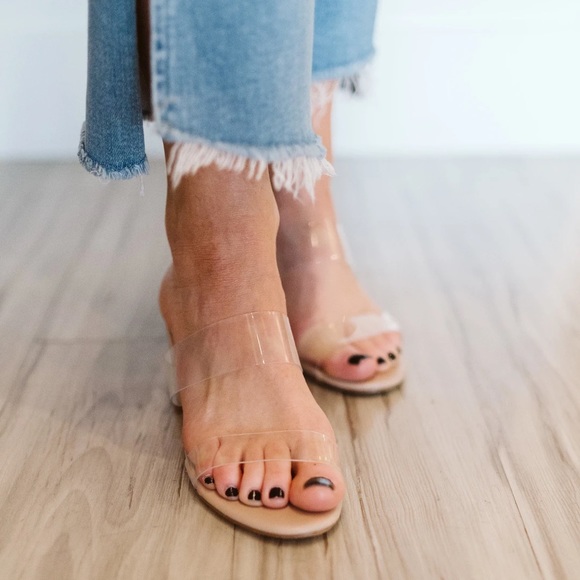 Tan clear band heels sandals slip on square toe events formal party mule - Picture 3 of 9